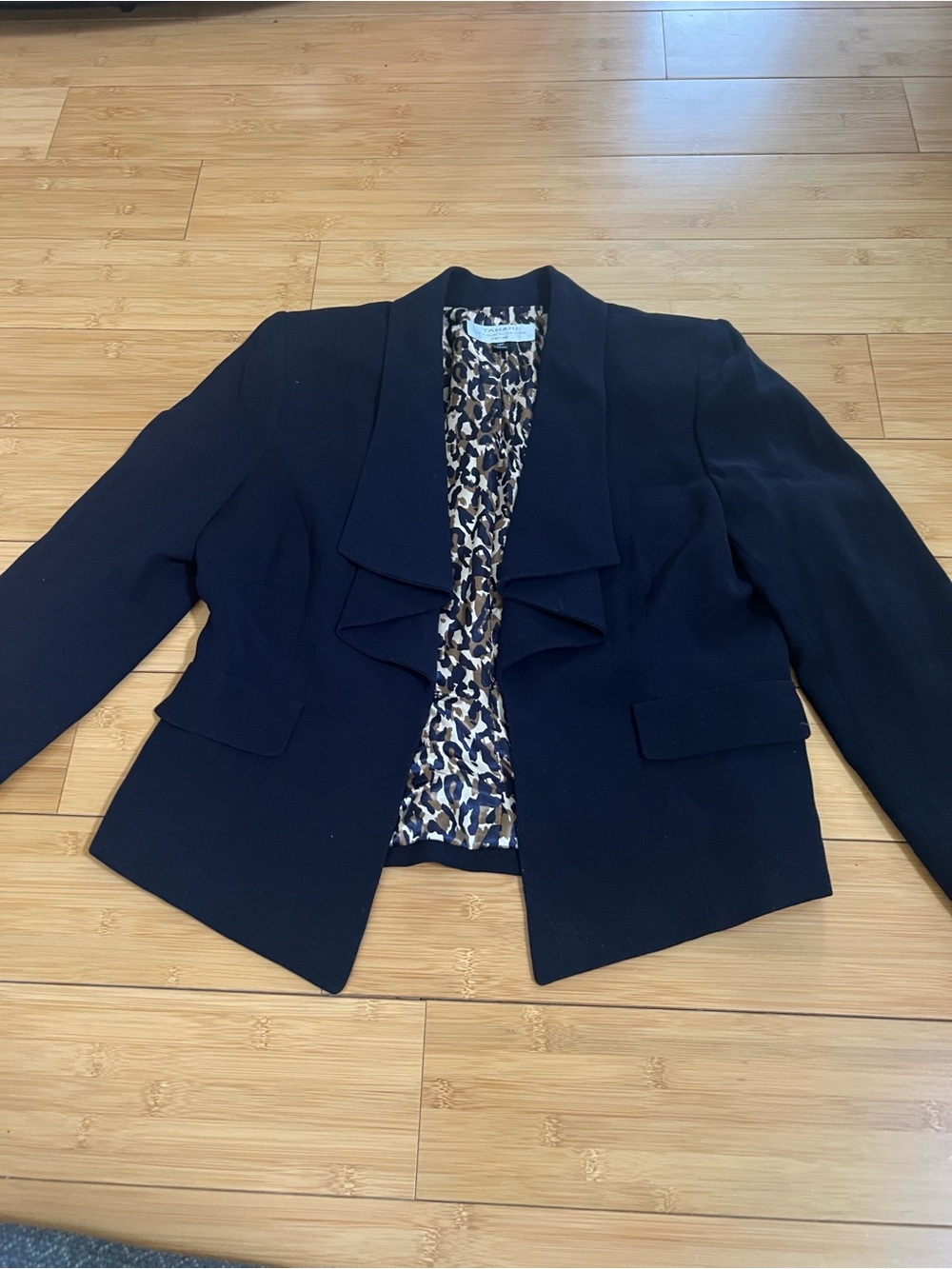 Tahari Black Ruffle-Front Blazer with Leopard-Print Lining